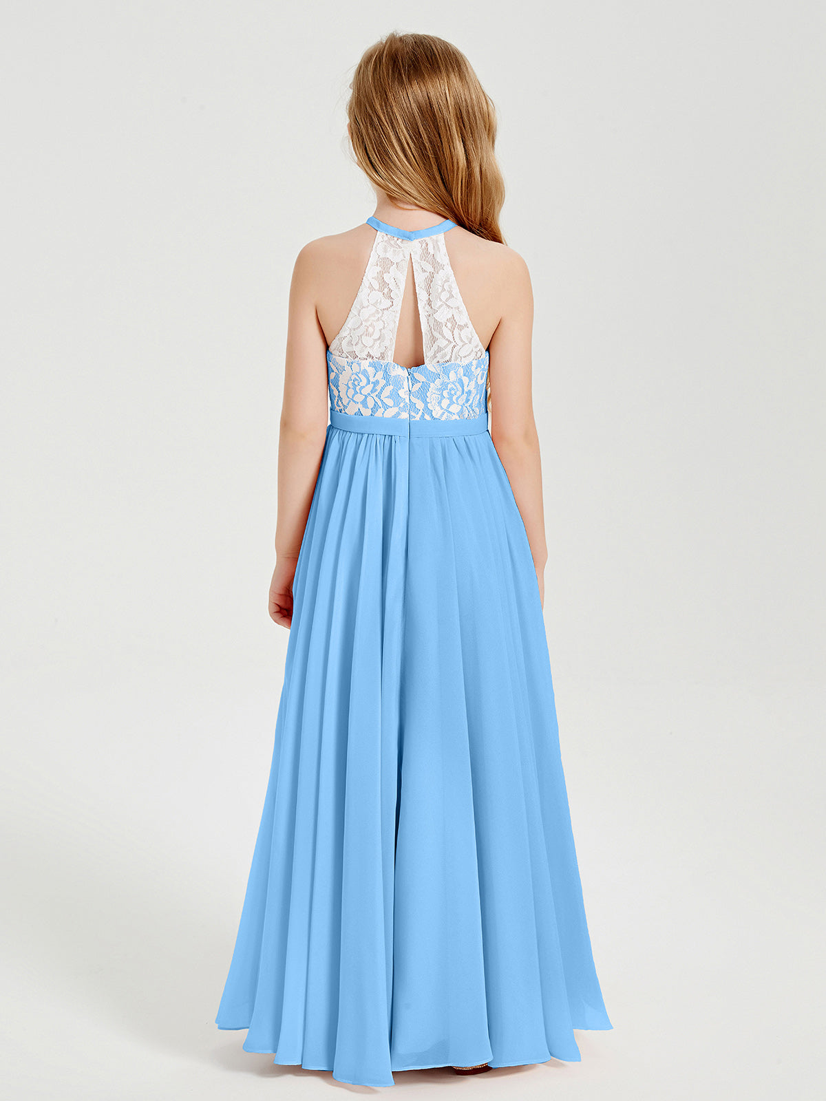 Lace Top Long Chiffon Bridesmaid Dresses Blue